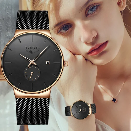 Relojes LIGE ultrafinos informales a la moda para mujer, reloj de cuarzo de negocios resistente al agua de lujo elegante para mujer, reloj con calendario automático de regalo