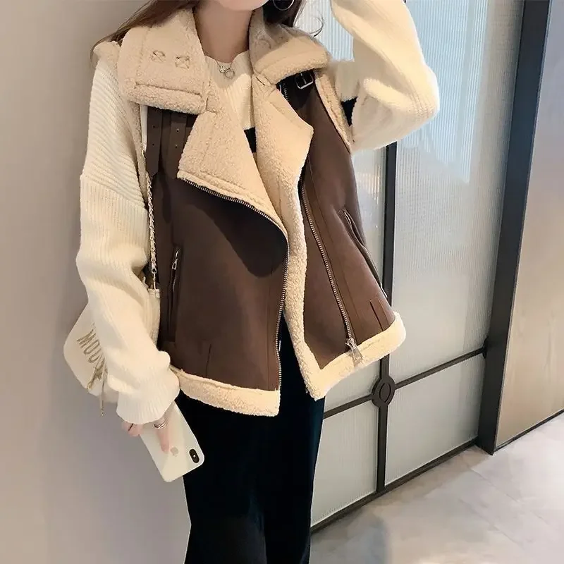 2024 Autumn Female Fashion Faux Leather Lambswool Patchwork Sleeveless Vest Jacket Thickening Warm Zip Waistcoats Coat