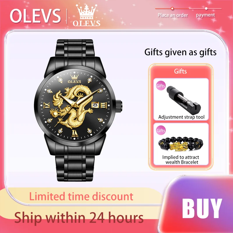 OLEVS Top Men's Watches Luxury Waterproof Quartz Dragon Watch Calendar Original Watch for Men Fashion Stainless Steel Strap New