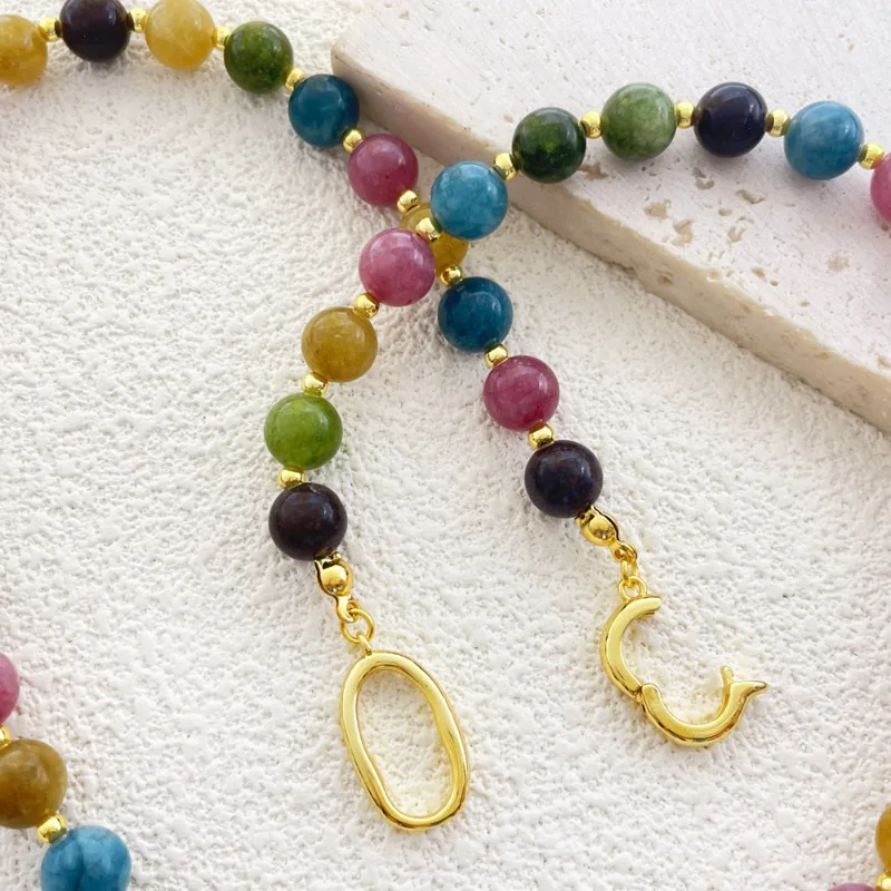 New Arrival Classic Natural Tourmaline Colored Stone Beaded Strand Necklace for Women Accessories Light Luxury Niche Design NK