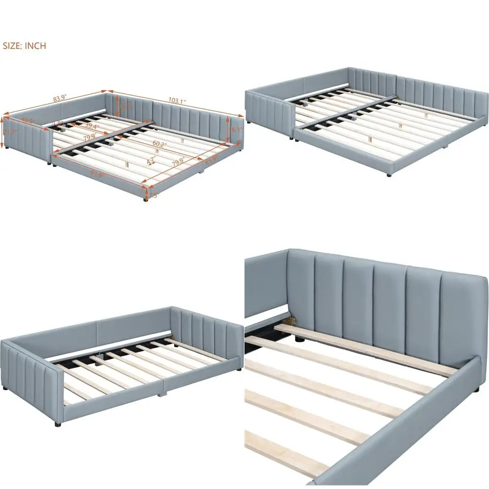

Grey Queen Size Upholstered Platform Bed with Twin XL, Oversized Mother and Child Bed, Tufted Headboard, Leather Floor Bed for F