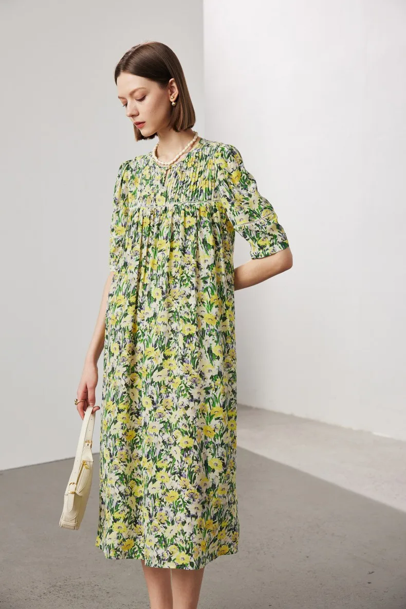 100% 天然シルクの女性のドレス O ネック半袖花柄プリントシャーリングハイストリートファッション Vestidos