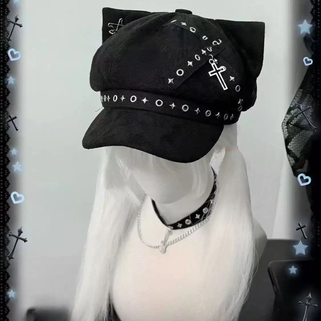 Y2K Alt Cat Ear Octagonal Beret Hat Metal Cross Charm Star Eyelet Belt Detail Punk Gothic Street Style Newsboy Cap