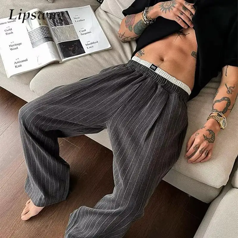 

Винтажные свободные прямые брюки на шнурке, мужские осенние модные полосатые плиссированные драпированные брюки, весенние повседневные брюки, мужская уличная одежда