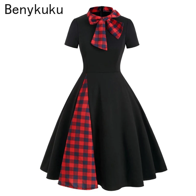 Red Plaid 50s Vintage Pin Up Midi Dress Bow Tie Neck Casual Robe Femme Women Short Sleeve Summer A Line Elegant Dresses Vestidos