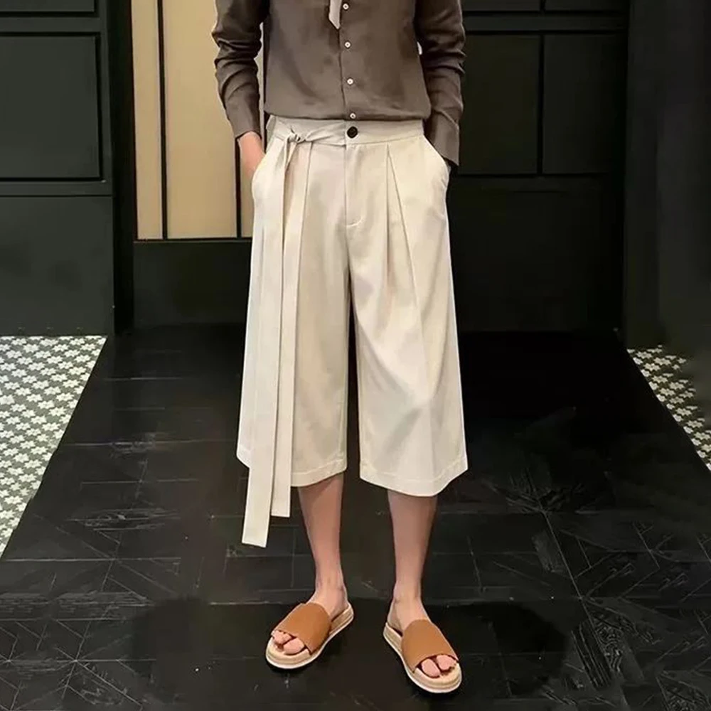 2026 Summer New Men's Solid Color Wide-Leg Capri Pants American Retro Fashion Trendy Casual Breathable Simple Men's Bottoms