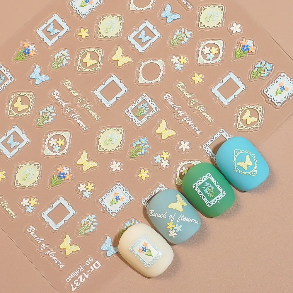 

Summer Vintage Floral Nail Stickers 3D Oil Painting Frame Style Self-Adhesive Nail Art Decals