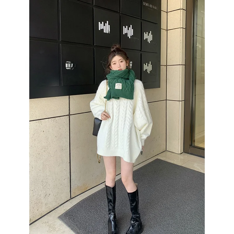 

Chen DaYu Women's Knitted Sweater Loose Long Twist Knit Soft Cozy Sle Winter Faion Casual round Ne Thiened Long Sve