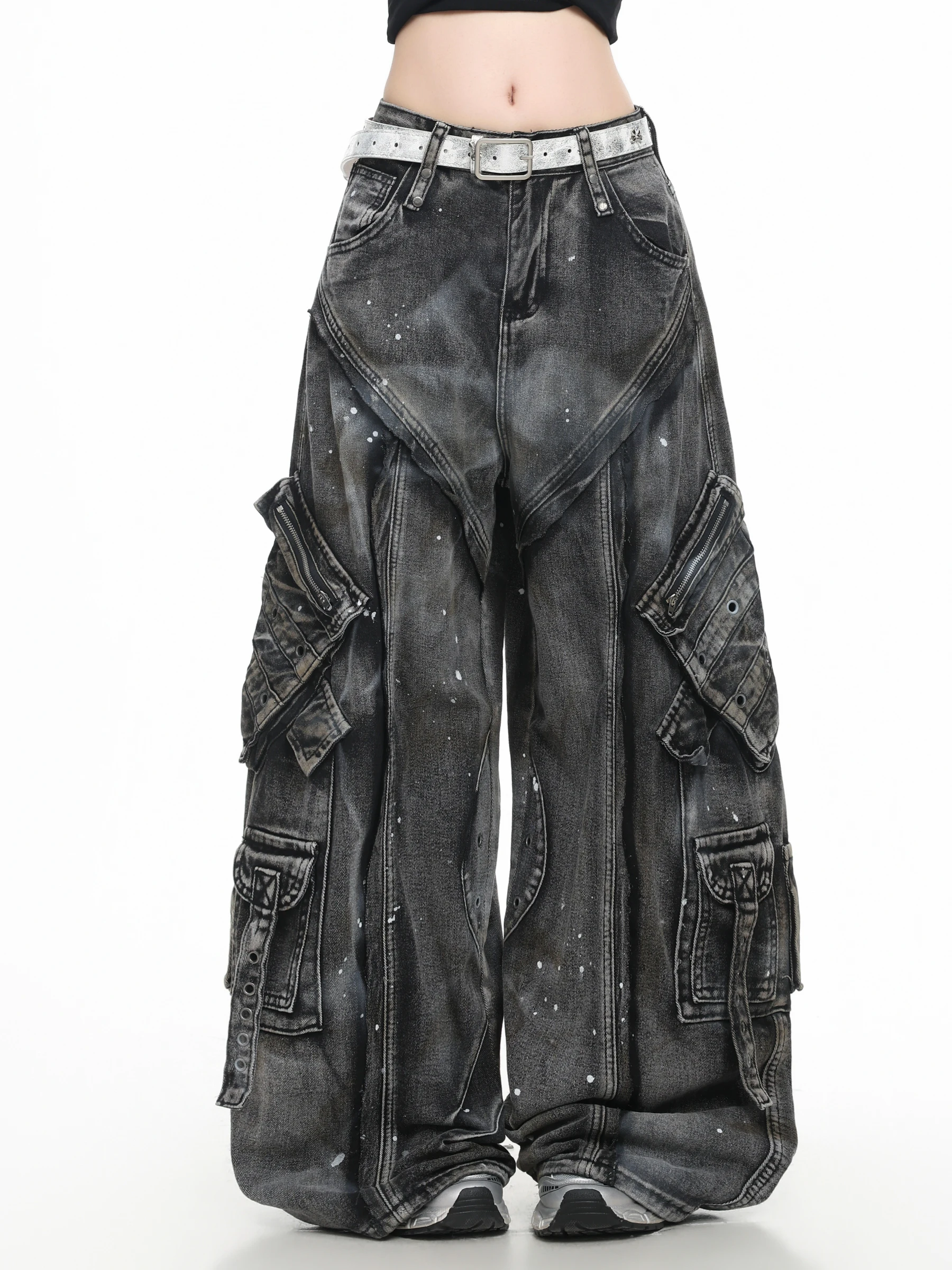 BASTERDS Vintage Washed Heavy-Duty Deconstructed Multi-Pocket Workwear Denim Pants Women's Design Wide Leg Long Trousers