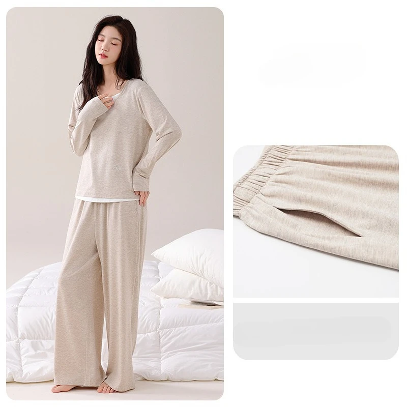 Primavera e outono feminino modal fino manga comprida novo casual pulôver de duas peças conjunto de terno para casa com almofada no peito pijamas