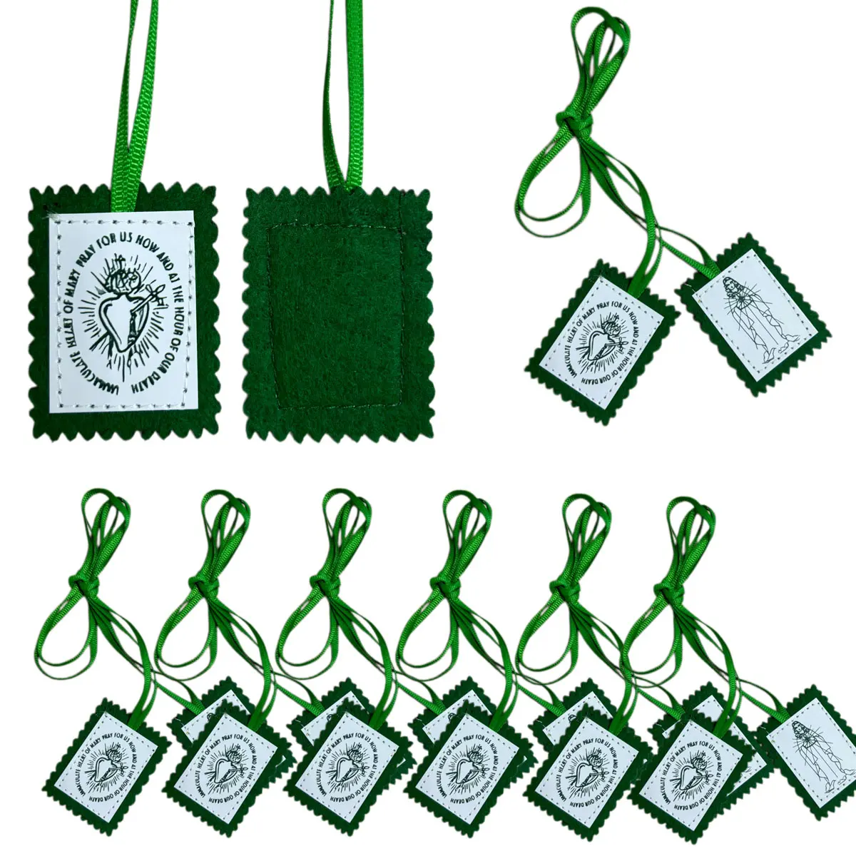 Green Scapular Immaculate Heart of Mary Felt Catholic Scapular Escapulario Verde Religious Prayer Gift for Devotion