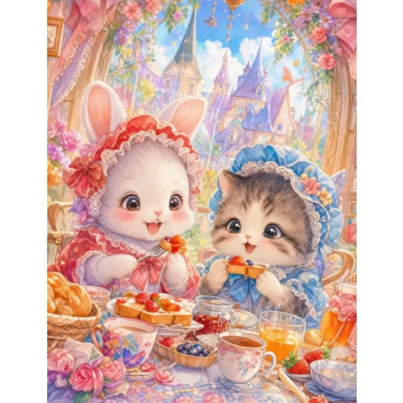 Diamond Painting Bunny and Kitten Having Afternoon Tea Mosaic Handmade Art Full Round/Square Diamonds Gift Home Decor