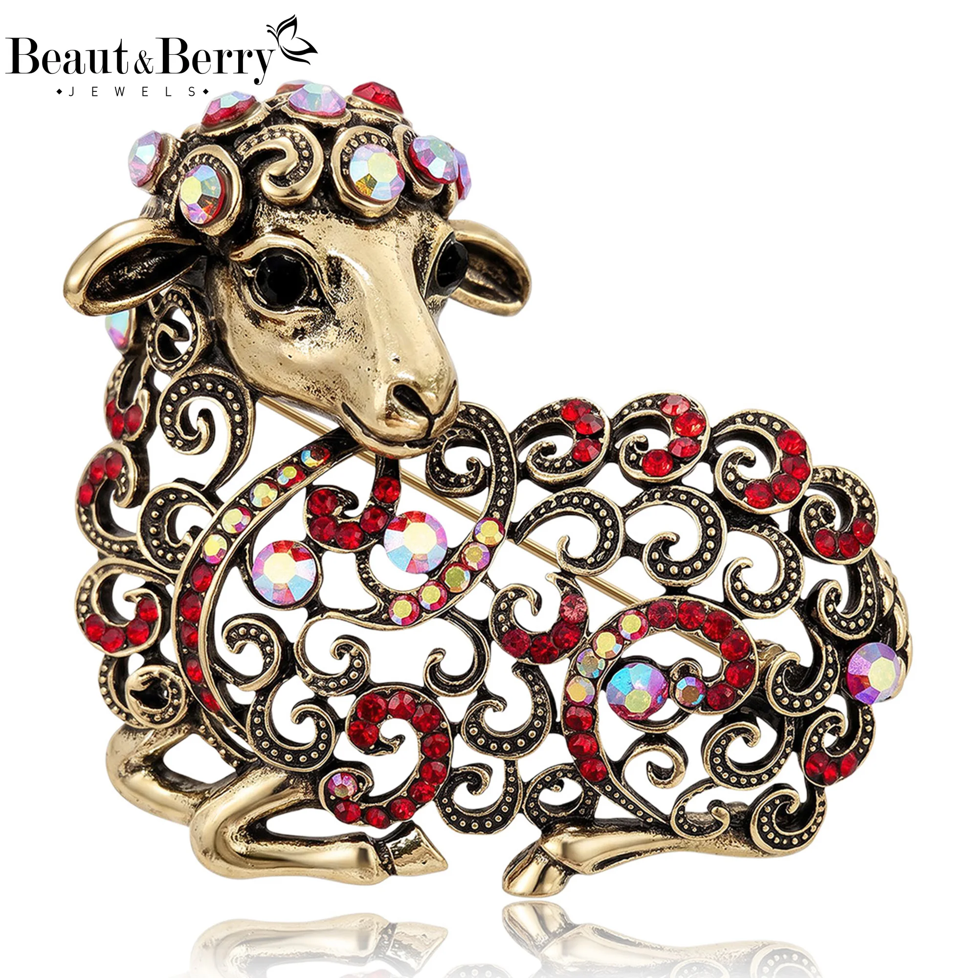 Beaut&Berry Vintage Openwork Rhinestone Zodiac Goat Brooches for Women Unisex Animal Pins Casual Party Jewelry Accessories Gifts