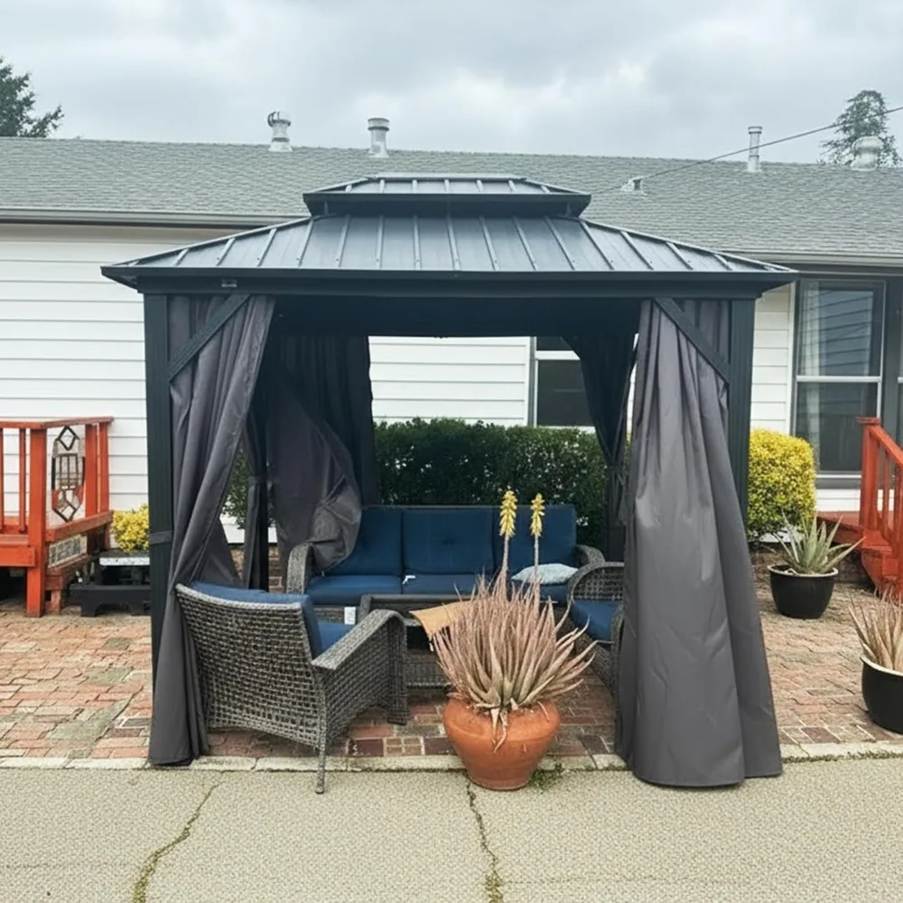 

8' X 10' Permanent Hardtop Gazebo with Galvanized Steel Double Roof for Patio Lawn Garden Aluminum Gazebo with Netting