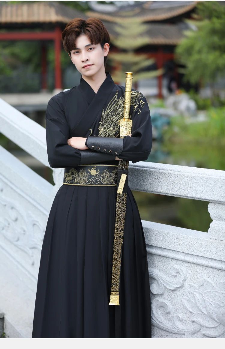 Hanfu negro Guerrero para hombres, estilo étnico tradicional chino, Phoenix bordado, fiesta samurái japonés, Cosplay, disfraz de espadachín