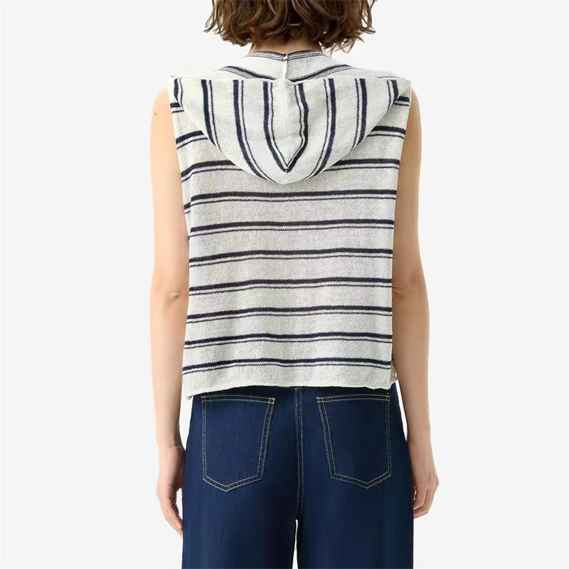 2026 Summer New Women's Color Block Hooded Knitted Sleeveless Vest, High-Quality Fashionable Casual Sporty Striped Linen Top