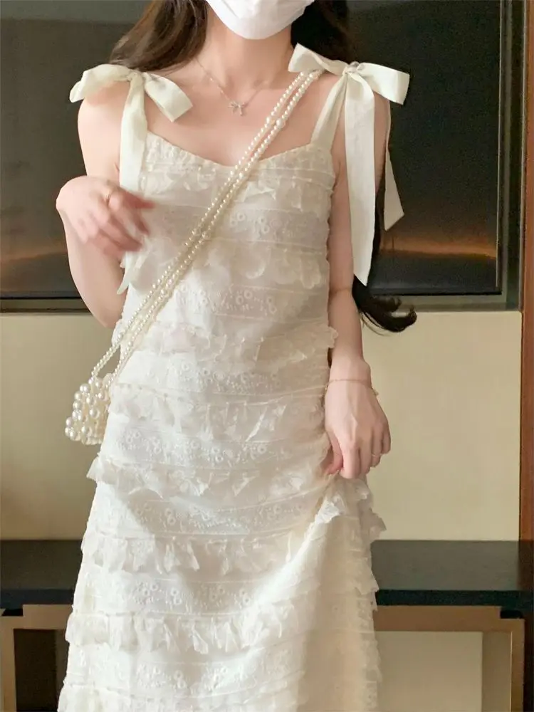 

French Elegant Sweet Tank Dress Solid Color Lace-up Ruffles Patchwork Bandage Long Dresses Summer Fashion Design Women Clothing