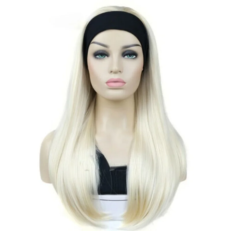 Senhoras longas retas 3/4 meia peruca de cabelo faixa de cabeça perucas naturais pretas de seda