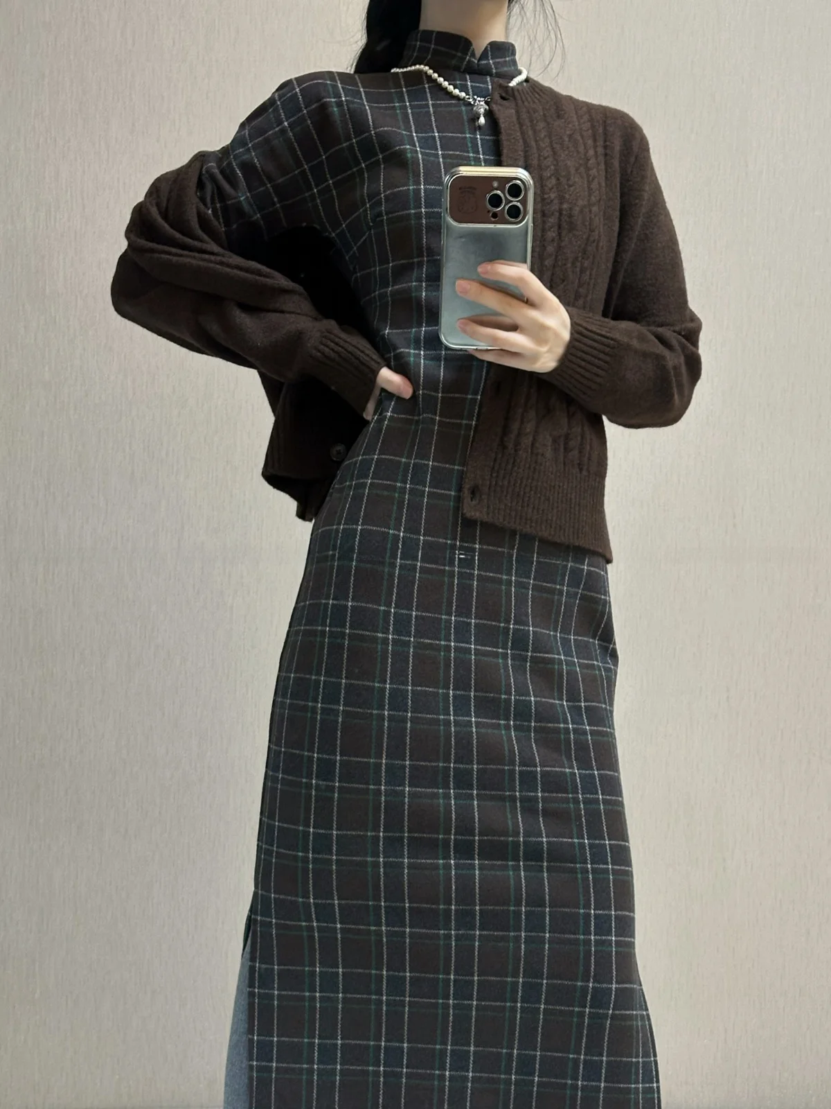 

Xu Zhi Xing Mint Bla Autumn Winter Plaid mid Sve Dr Vintage Brued Slightly Elastic Dr