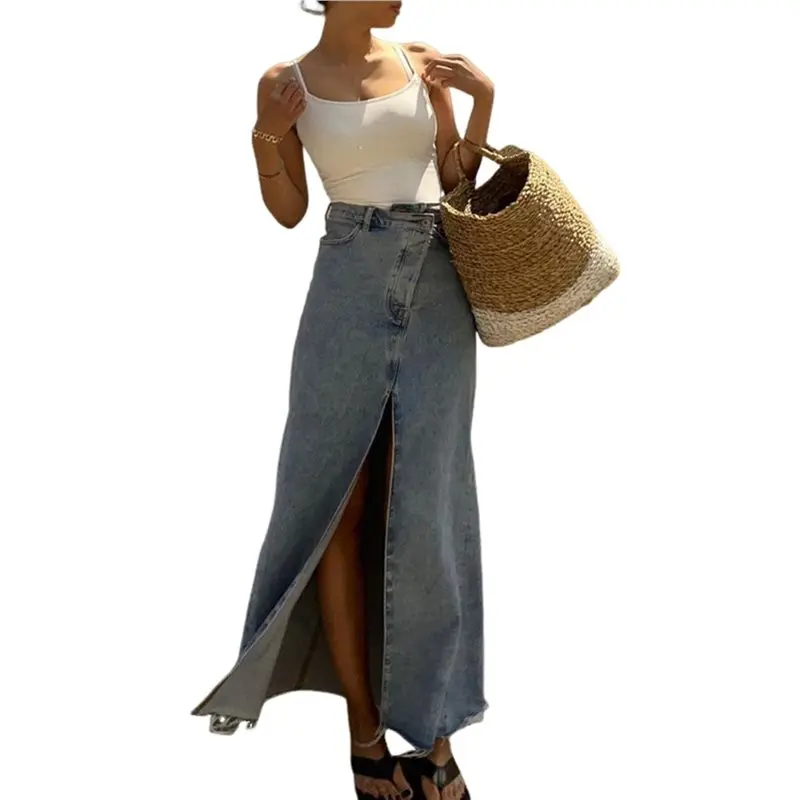 

Женская джинсовая юбка макси с высокой талией, разрезом спереди, необработанным краем и А-образным силуэтом, повседневная длинная джинсовая юбка