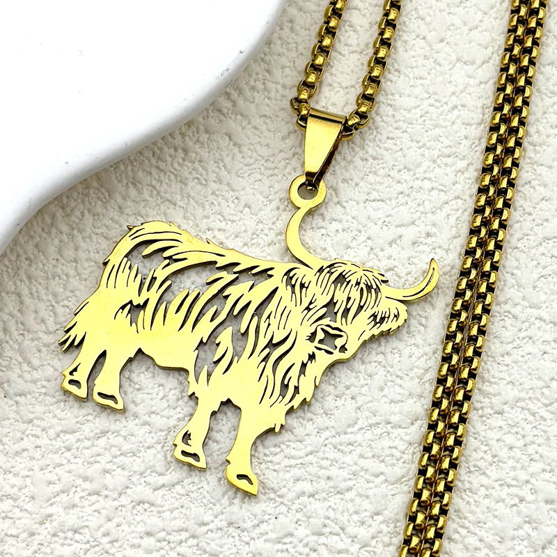 المرتفعات البقرة لطيف قلادة قلادة للنساء الرجال الفولاذ المقاوم للصدأ الفضة اللون الحيوان رقيق الشعر مزرعة الجوف سلسلة مجوهرات هدايا #3