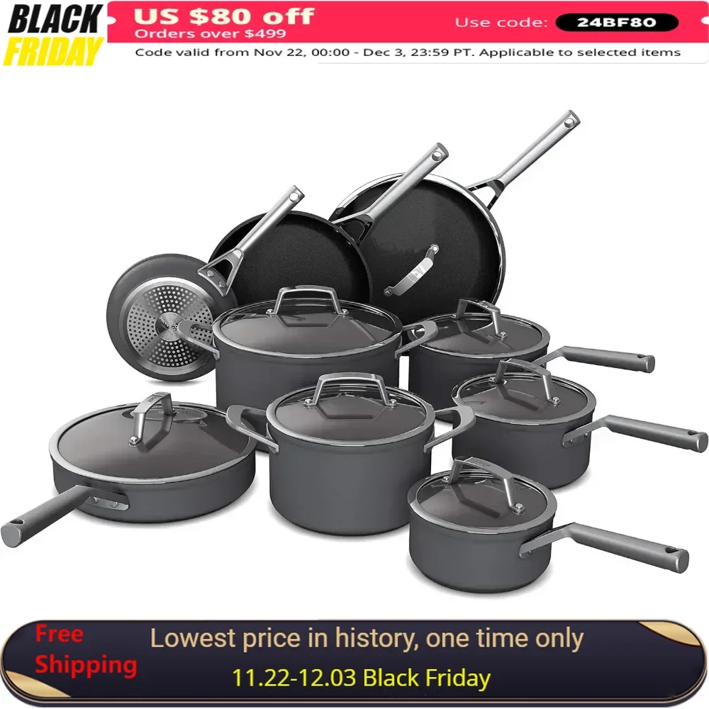 Advanced 16 Piece Cookware Set, Hard Anodized, Non Stick, Durable, Oven Safe Up To 500 ° F, Black Cookware Set