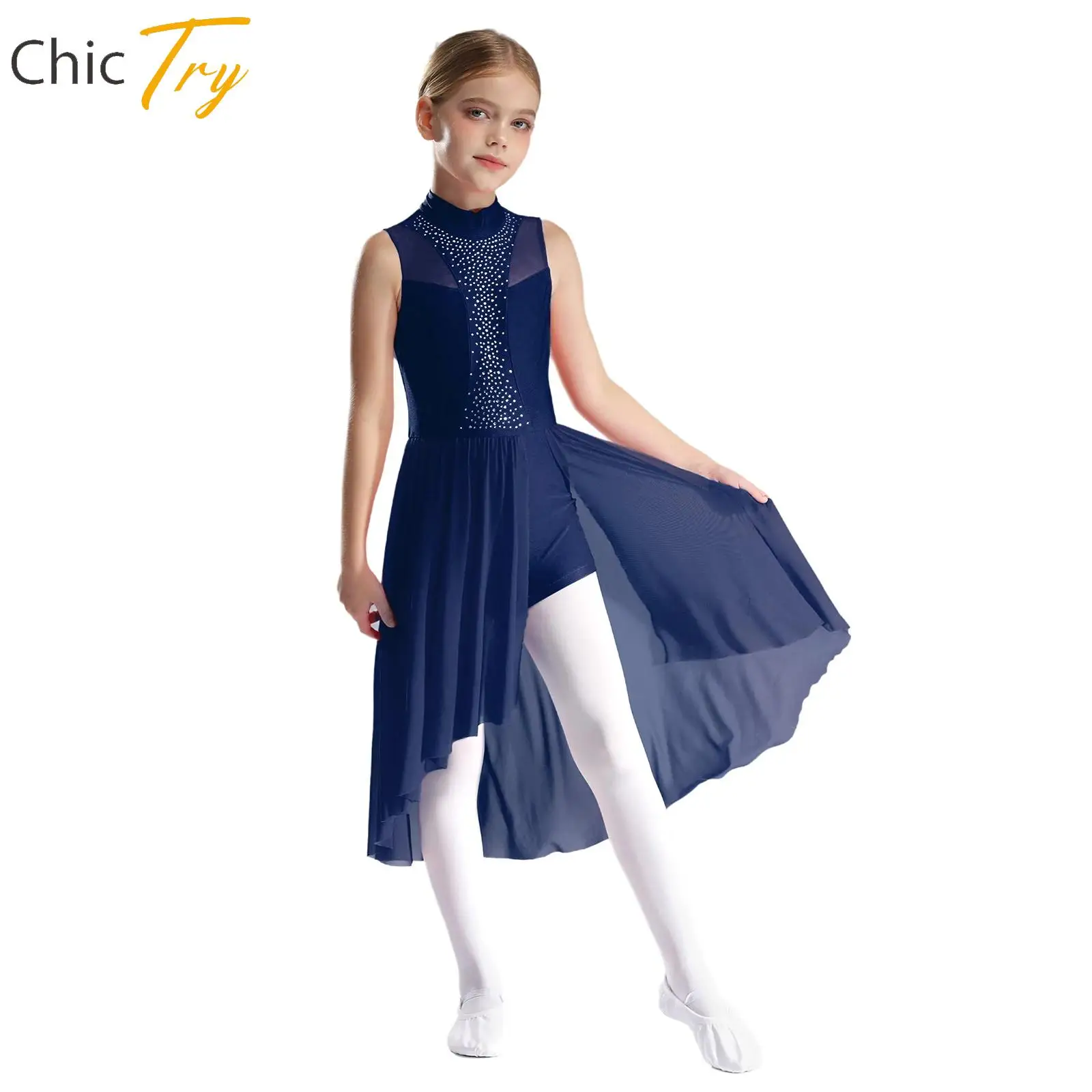 

Children Girls Modern Lyrical Ballet Dance Dress Sleeveless Asymmetrical Hem Dress Figure Skating Stage Performance Dancewear