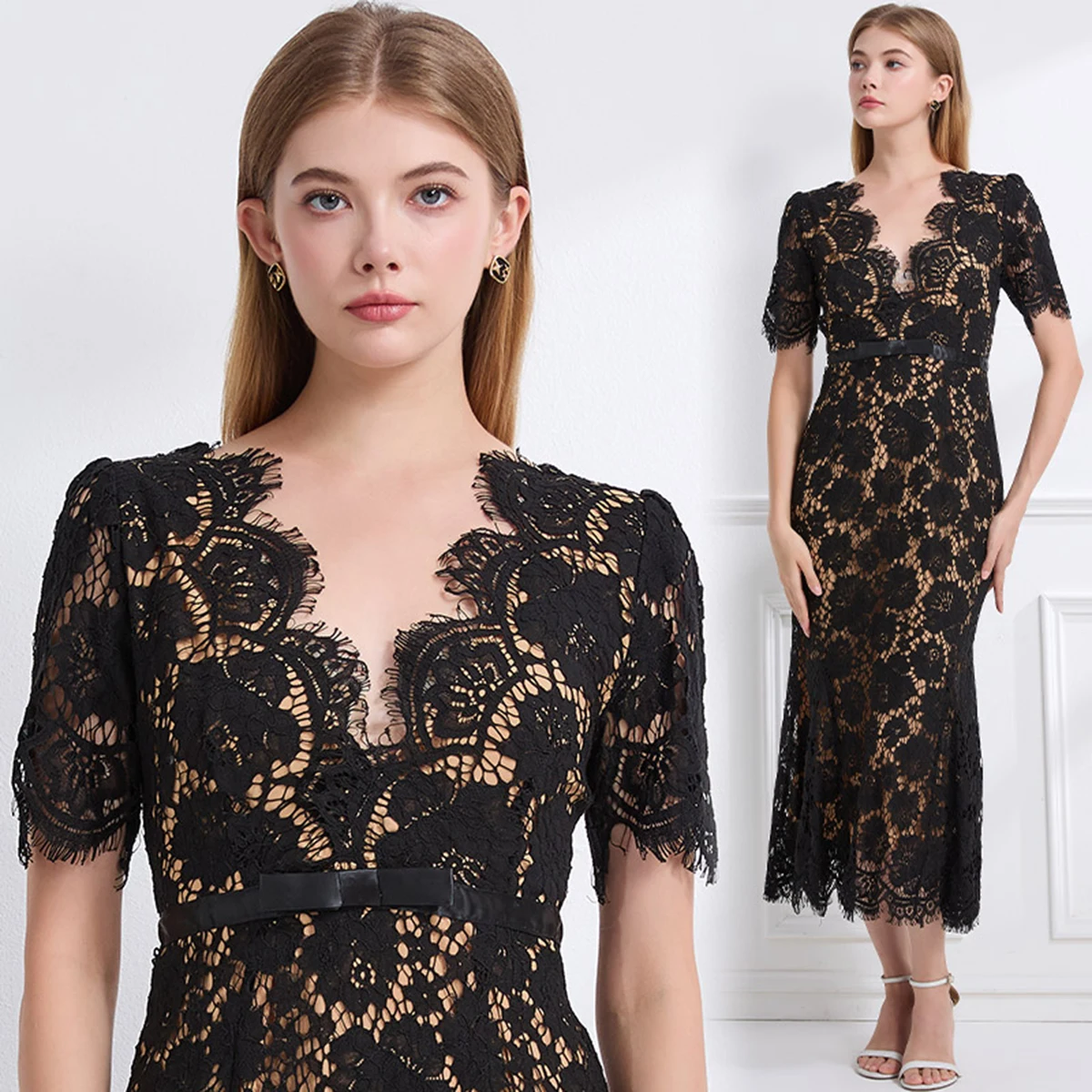 

Ele Bla Lace V-ne Long Dr Women's Faion Sexy Fi-tail Gown Classic Sle High Waist Polyester Spring Autumn