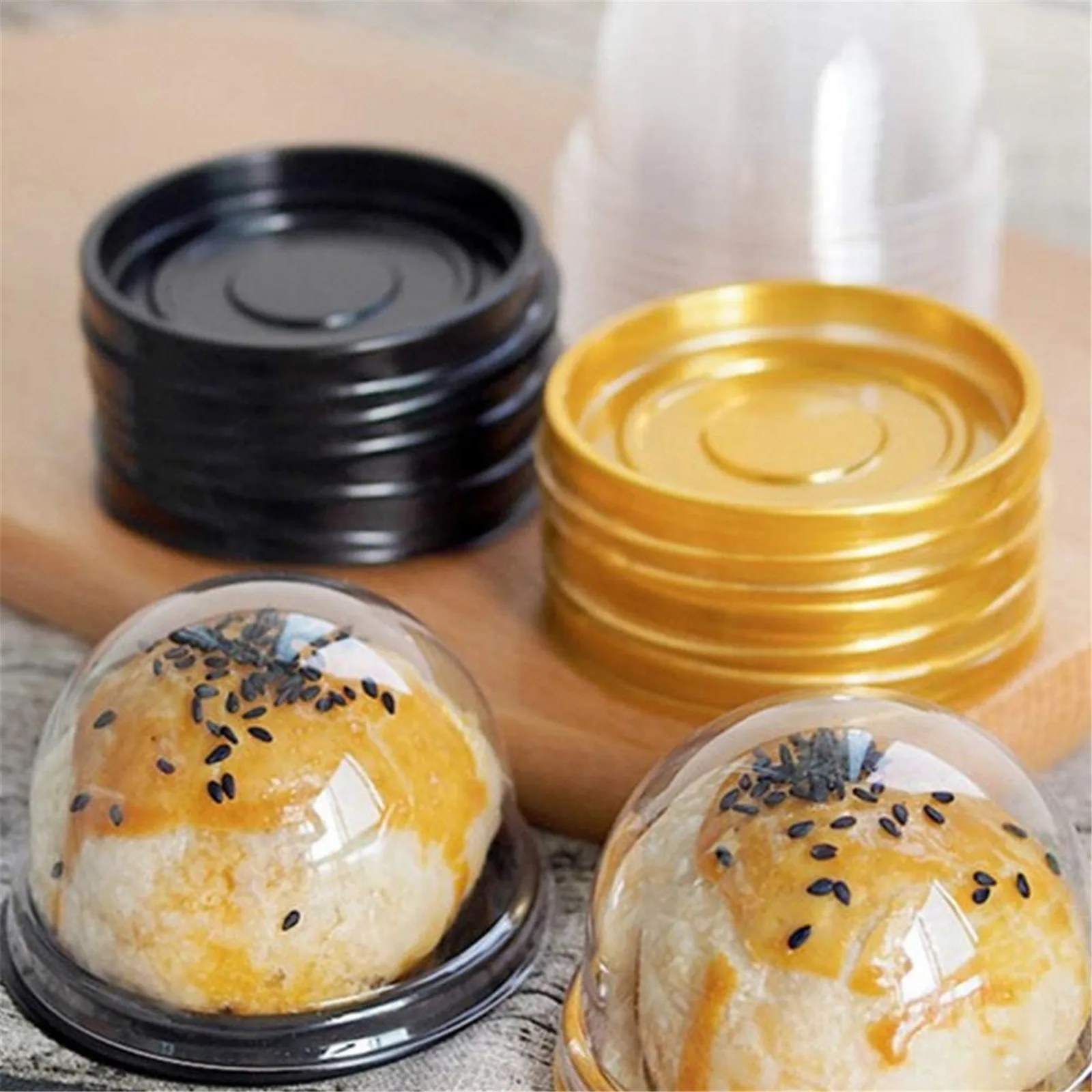 50 Uds. De yema de huevo redonda desechable, caja para pastel de Luna crujiente, cajas cuadradas de plástico para pastel de Luna, embalaje, bandejas para postre y Mousse, contenedor