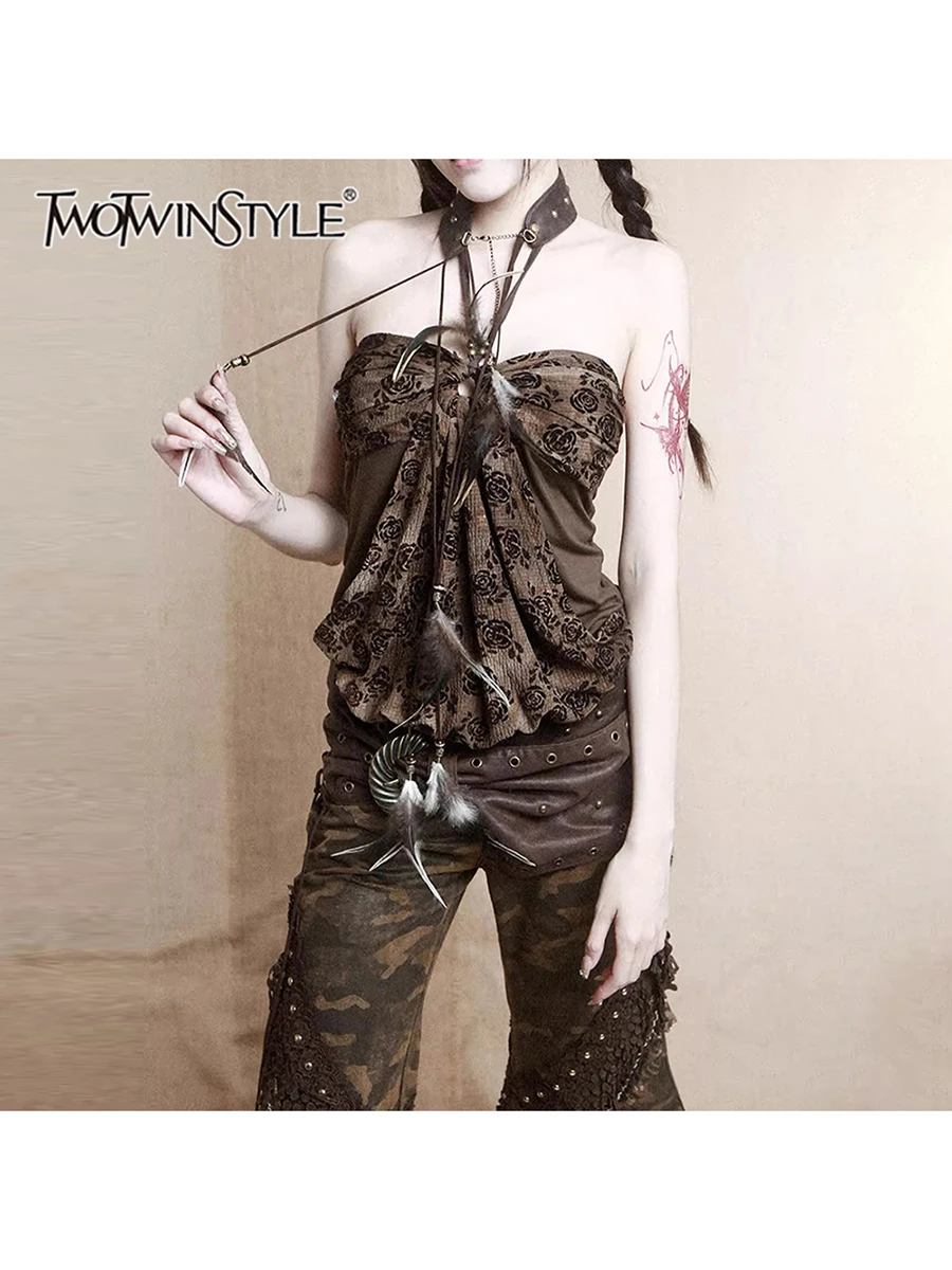 

TWOTWINSTYLE Solid Slimming Printing Fashion Vests for Women Halter Sleeveless Spliced Folds Temperament Vest Female Clothes New