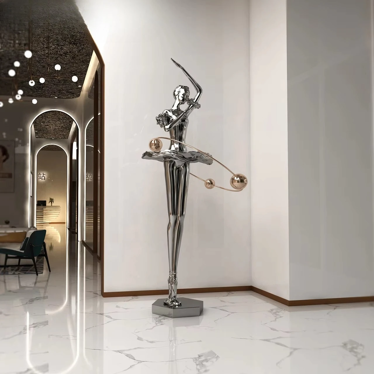 Interior Modern Art Casting Metal Woman Sculpture High Polished Stainless Steel Abstract Large Sculpture Shopping Mall Store