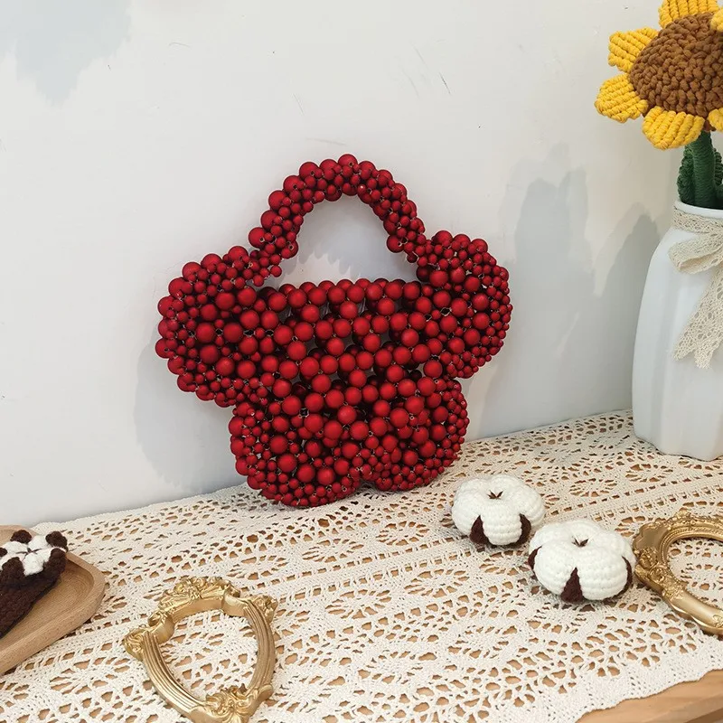 2023 New Spring Summer Design Women\'s Bags Fashion Retro Flower Red White Pearl Cross Body Handbag Woven Beaded Handmade Bag