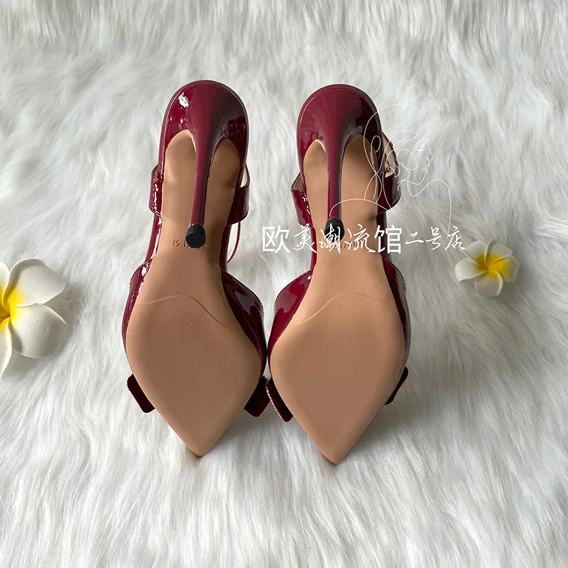 2022 hot sale new wine patent leather with bowknot butterfly high heel sandal for women lady pointed toe party shoes size 46