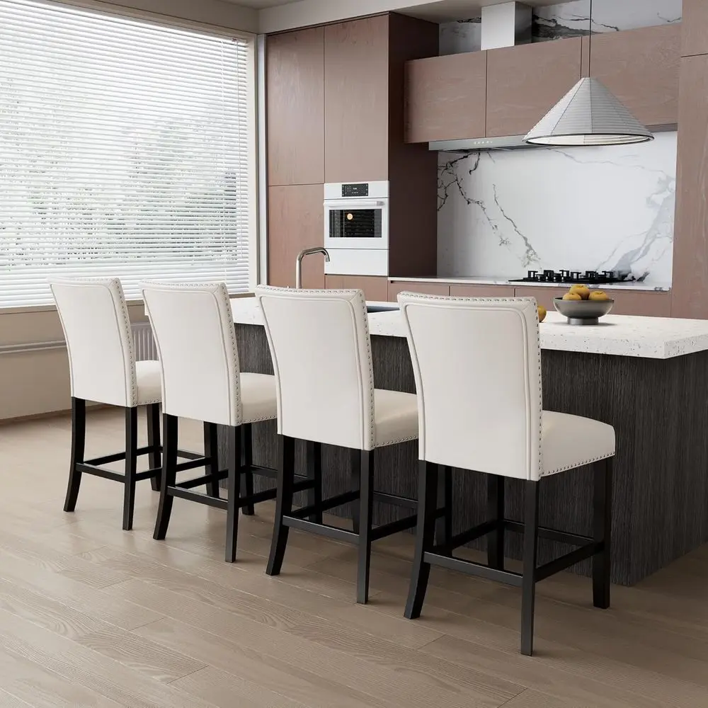 

Set of 4, 24 High Solid Wood Counter Stools with Upholstered Back, Ivory