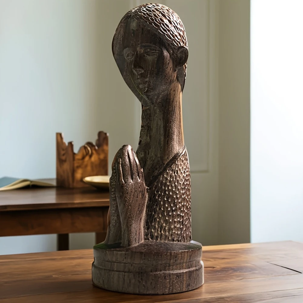 Statue de fille en prière sculptée en bois, décoration créative pour la maison, le bureau, le salon, la bibliothèque, sculpture sur bois, décoration de style moderne, artisanat, 1 pièce