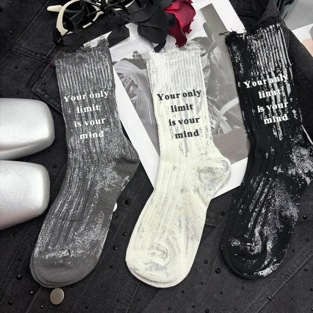 

Fashion Ripped Hollow Socks Womne Stripe Personality Mid-Calf Socks Hosiery Letter Painted Cotton Socks Winter