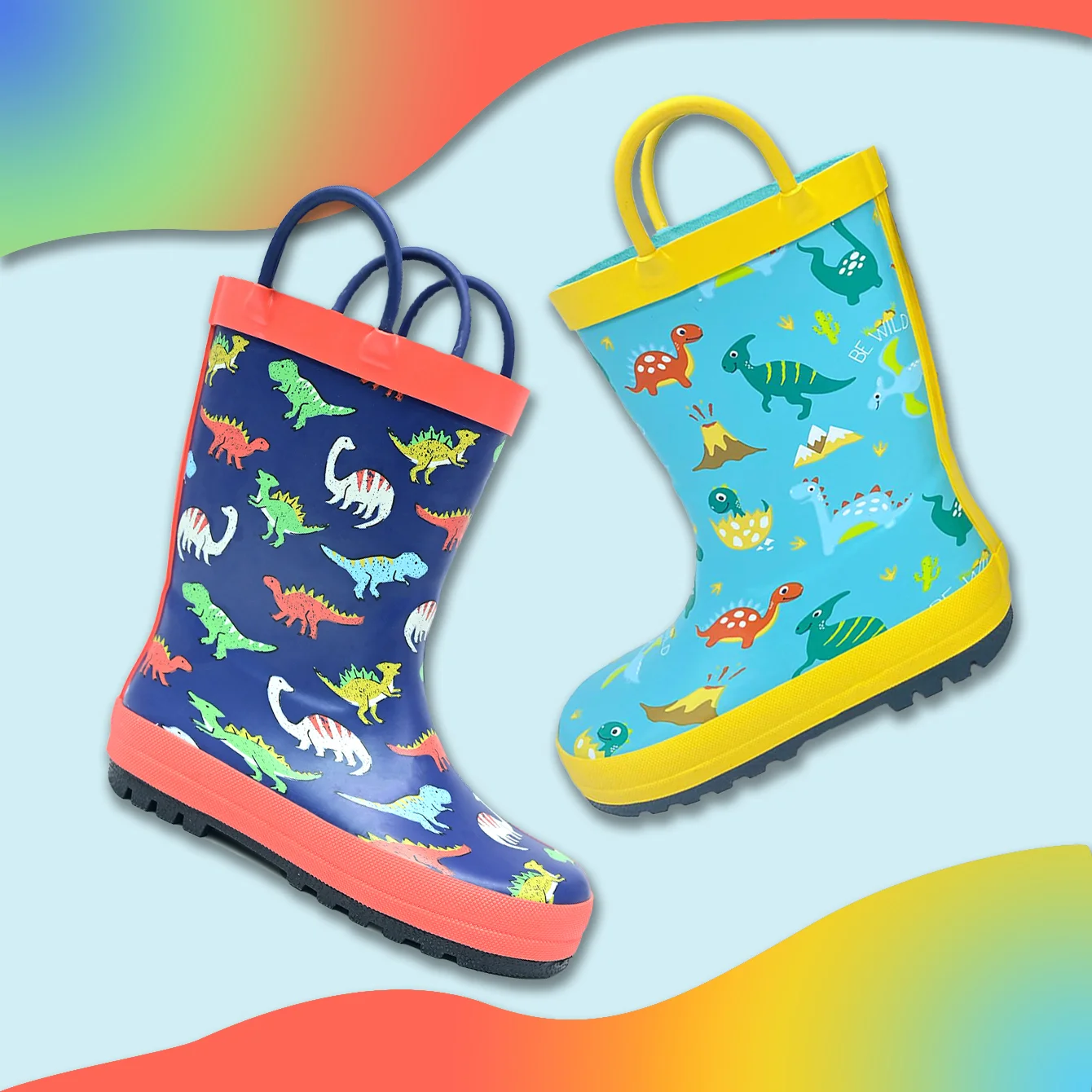 Children's Outdoor Cartoon Dinosaur Rubber Rain Boots, Hand-Held Design, Waterproof and Non-Slip,For All Seasons