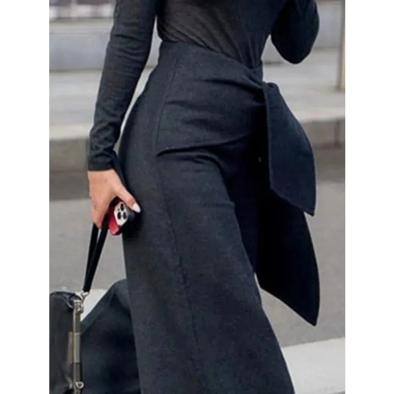 Stylish Women's Tie Waist Pants 2025 Classic Black Wide-leg Full-length Pant Work Business Wear Fashion Trousers Bottom 178666