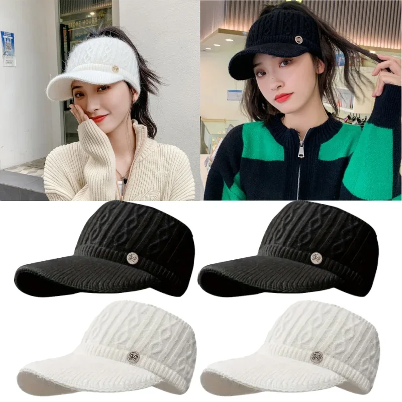 Gorro de invierno con cola de caballo para mujer, gorro holgado de punto cálido con visera, forro polar, accesorio para clima frío, estilo de moda al aire libre