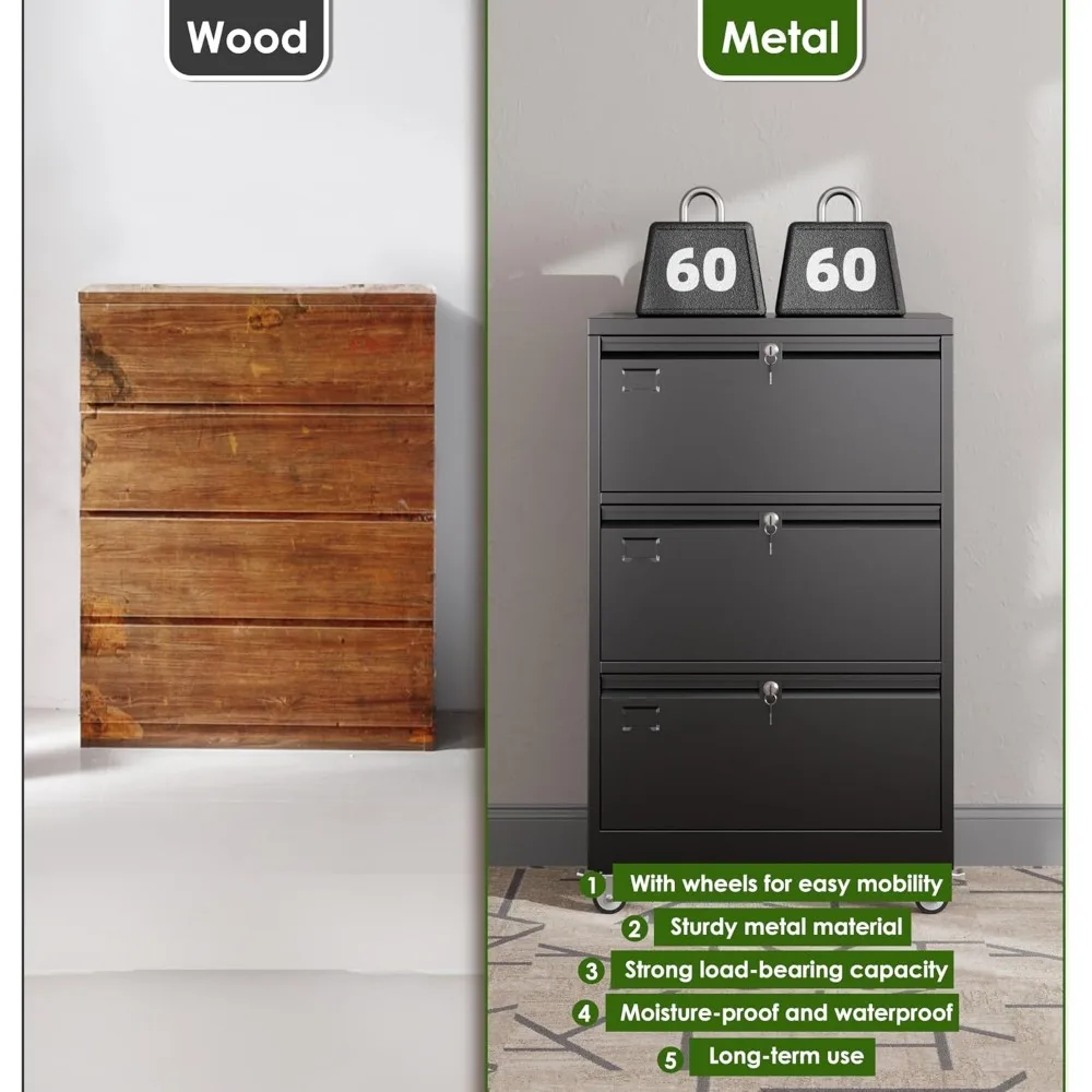 Lockable Metal Lateral File Cabinet with Wheels for Home Office, Legal/Letter Size, Black, Storage Solution