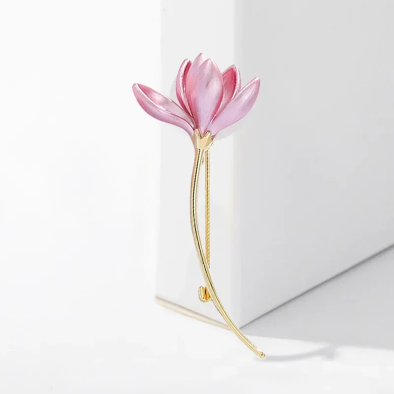 Wedding Gold Color Corsage Pink Magnolia Flower Brooches for Women and Men Party Suit Pin Handmade Cloth Jewelry