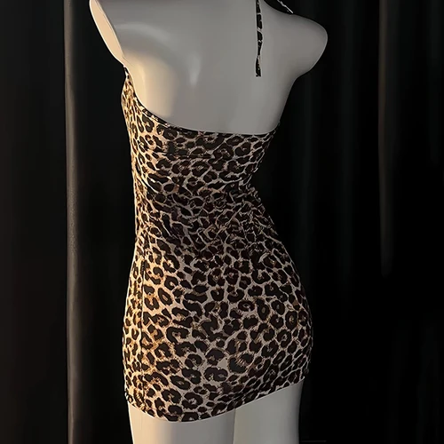 Imagen 2 del producto 2025 Mini vestido sexy con estampado de leopardo Halter sin espalda traje de una pieza para niños vestido de lencería hueca para fiesta y club nocturno