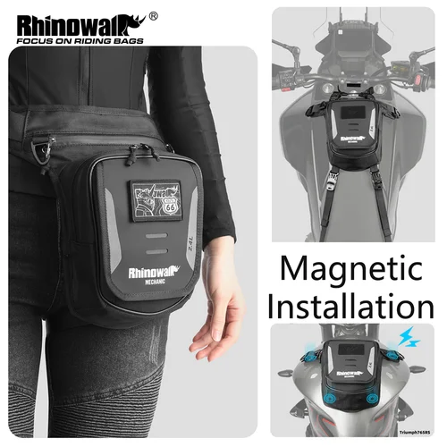 Imagen 1 del producto Rhinowalk-Bolsa tipo pierna para motocicleta, riñonera de 2,4 L, bolsa de tanque magnética con cubierta impermeable multibolsillo, bolso cruzado con hebilla alta