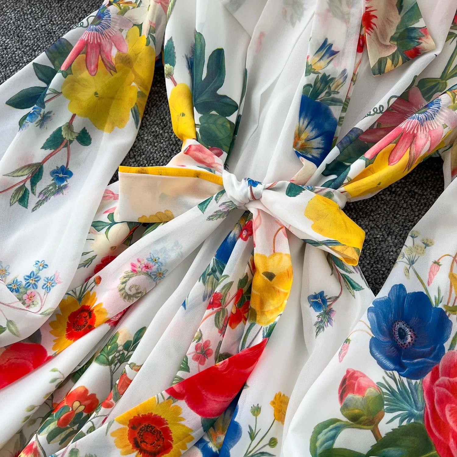 Vestido bohemio de verano con flores para mujer, vestido de vacaciones con lazo y manga larga acampanada, fajas con estampado Floral, bata para fiesta de graduación