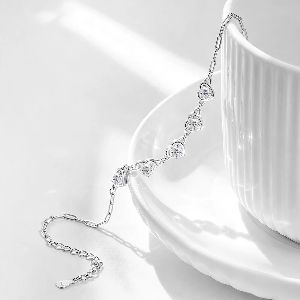 HORRIPAL 1.5CT 4mm Heart Cut Moissanite Bracelet For Woman Korean Adjustable S925 Sparkling Hand Chain Luxury Party Jewelry