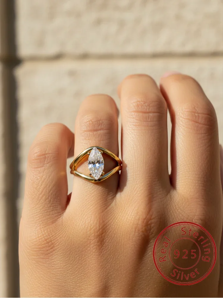

925 Sterling Silver Fashion Hollow Zircon Marquise Ring For Women Anniversary Engagement Wedding Luxury High Quality Jewelry