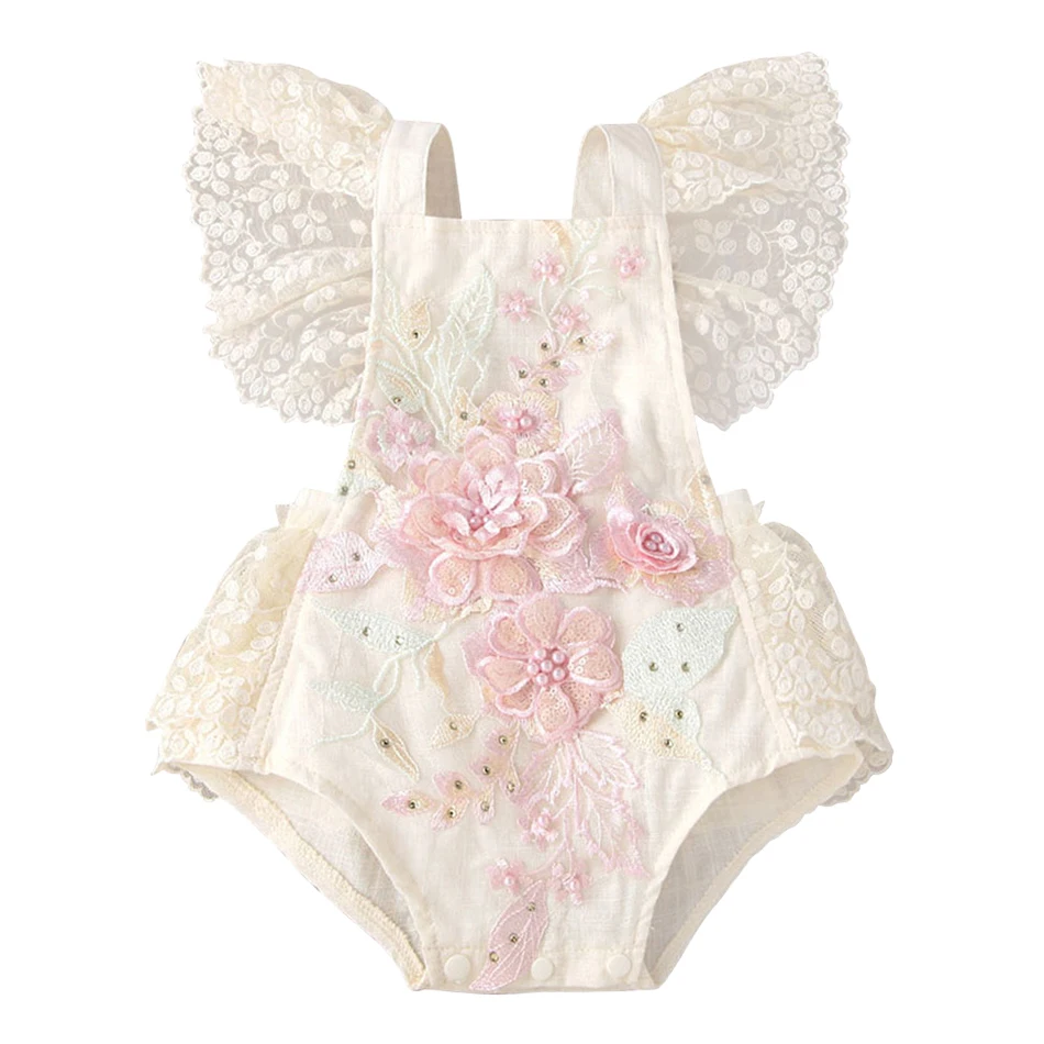 Luxurious Baby Girl's Pearl Decorated Lace And Tulle Romper With Embroidered Detail Ideal For Formal Events And Celebrations