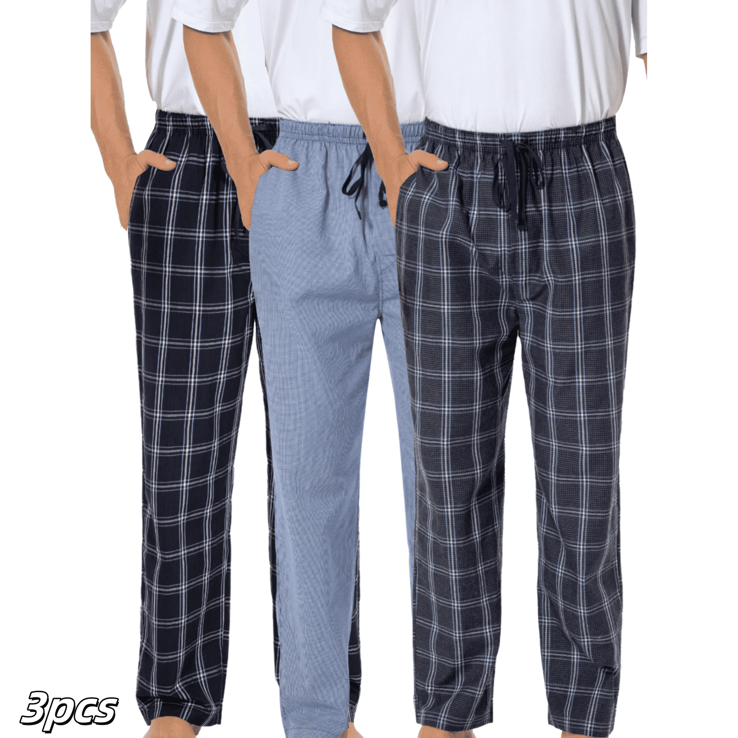 3pcs Men's Autumn Pajama Pants Cotton Plaid Casual Elastic Waist With Drawstring Pockets Loose Home Sleeping Bottoms