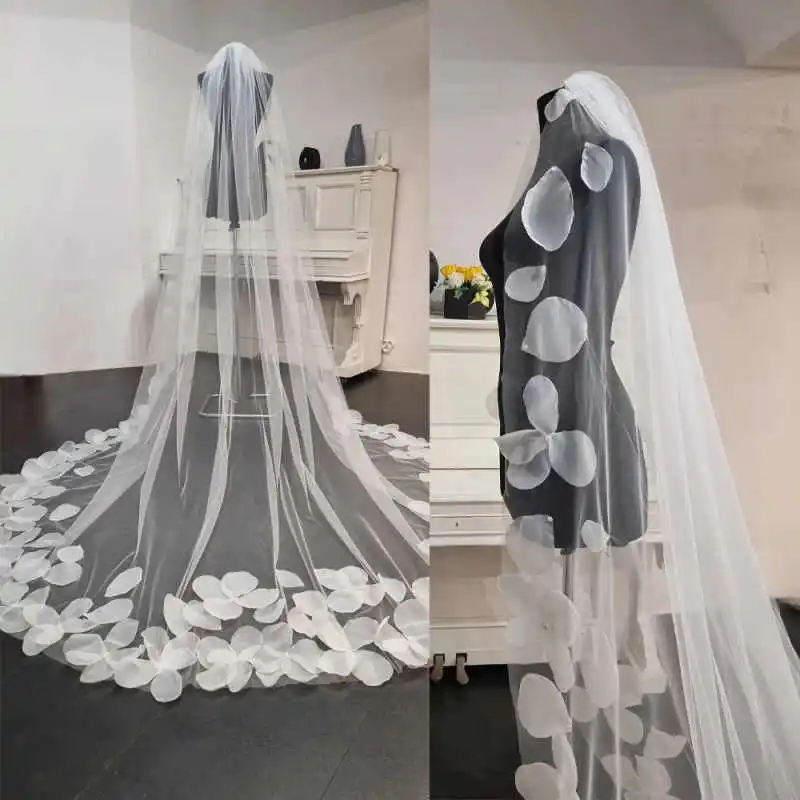 

Великолепная однослойная свадебная фата с кружевными аппликациями, 3 метра, 3D аппликации, с гребнем, свадебные аксессуары, Velo de novia