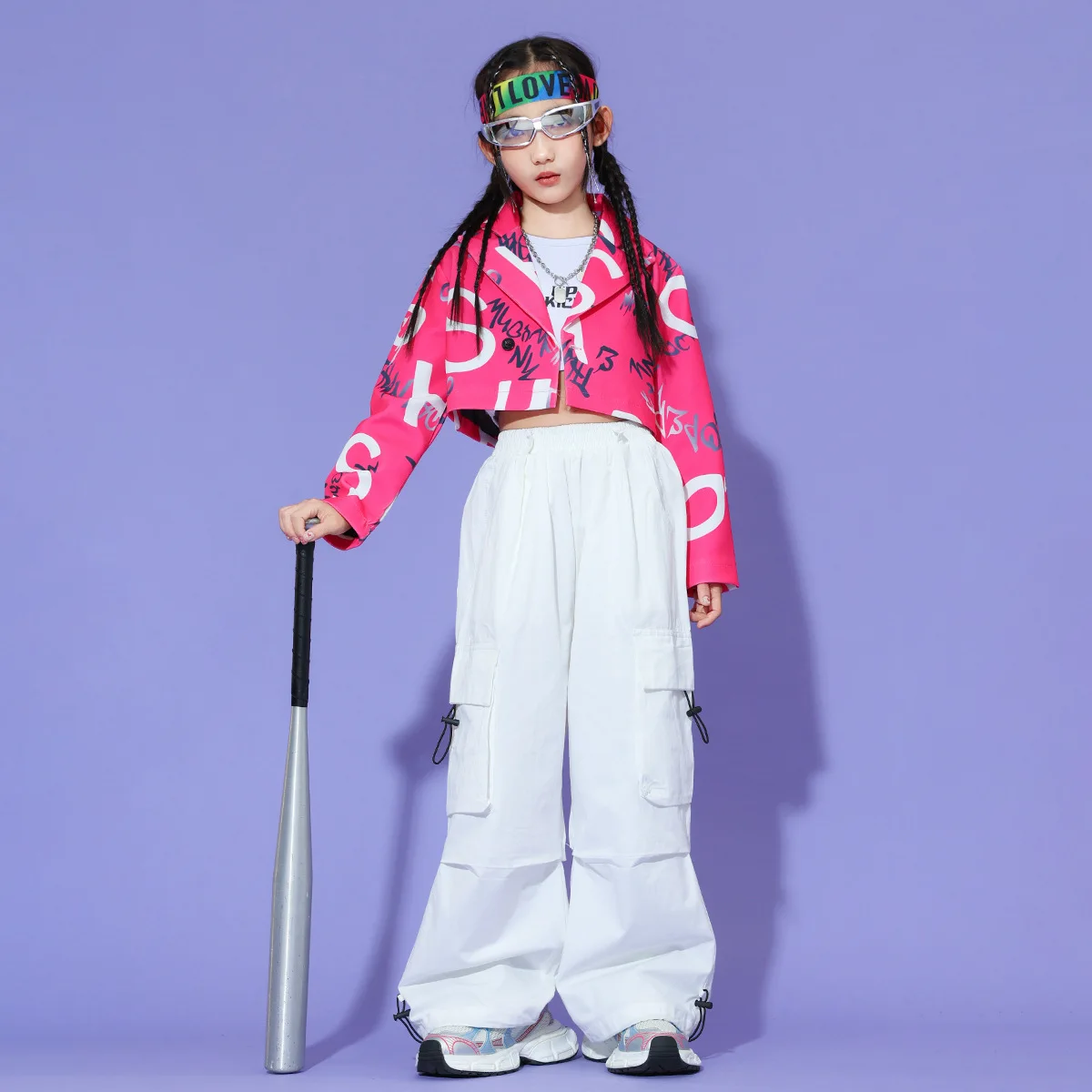 Kid Kpop Hip Hop Clothing Pink Letters Crop Jacket Top White Street Parachute Cargo Pants for Girl Jazz Dance Costumes Clothes